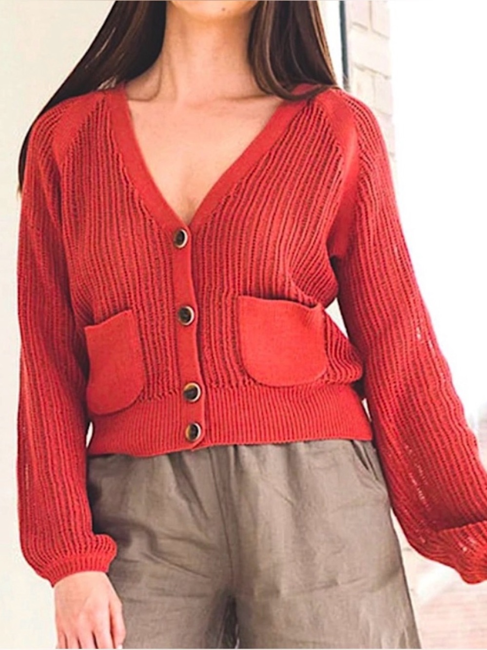White + Warren / auburn corded cotton blouson sleeve knit cardigan